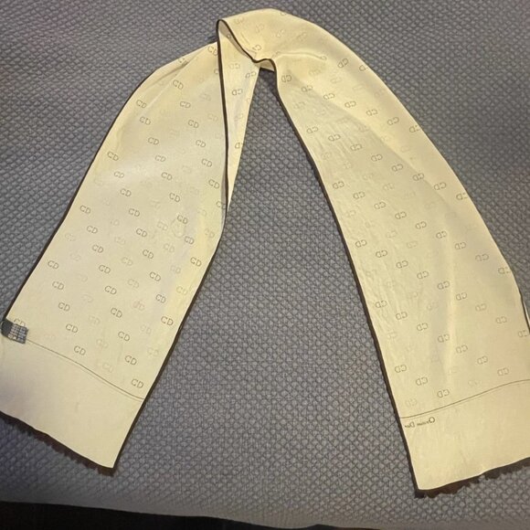 Vtg CHRISTIAN DIOR Paris Silk Crepe de Chine Brown, Cream CD Logo Scarf READ - Picture 1 of 9